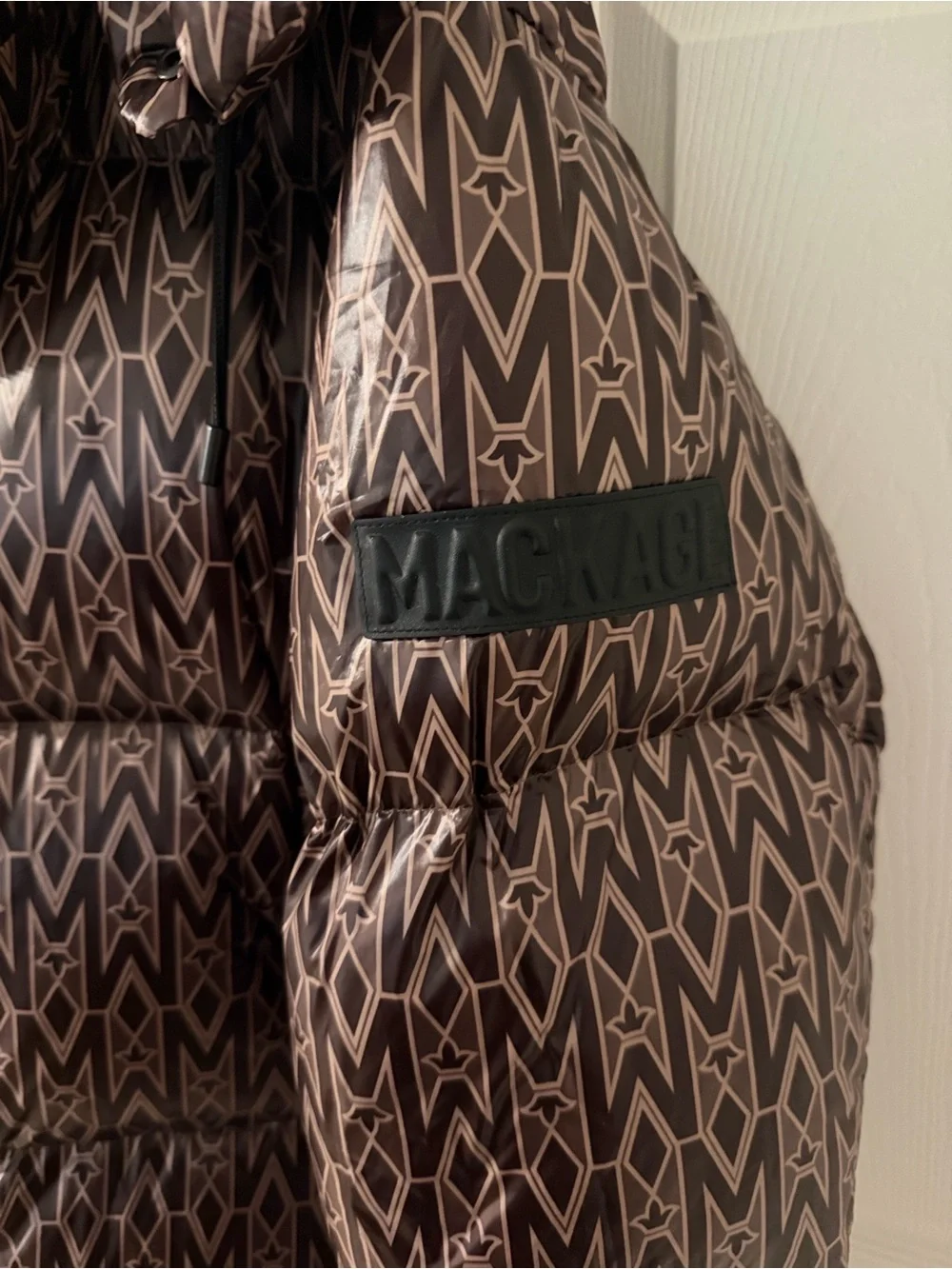 100% Authentic Mackage Brown Monogram Puffer Jacket with Hood
